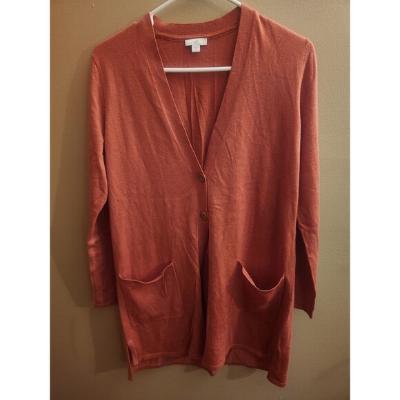 J. Jill Coral Red Wool Blend V Neck Long Cardigan Sweater Size S - Picture 1 of 4